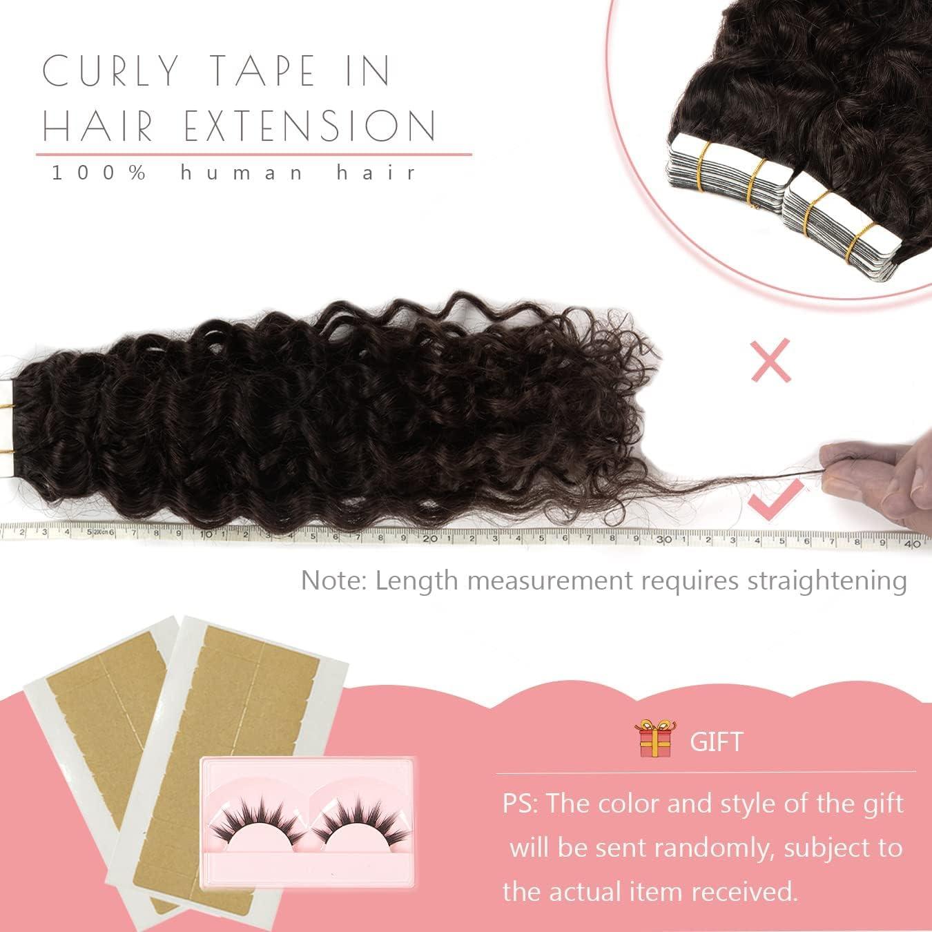 Loxxy 12inch Curly Hair Tape in Hair Extensions Dark Brown Natural Black Tape in Curly Human Hair Extensions for Women Double Sided Curly Tape Extensions #2 16pcs 40grams