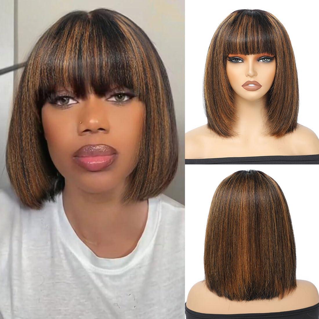 CLIONE Short Bob Wig with Bangs Human Hair 8 Inch Highlight Brown Bob Human Hair Wig with Bangs 2.5x1 HD Lace Bob Wig Ready to Go Glueless Wigs 100% Human Hair Wigs for Black Women Layered Cut 180% Density