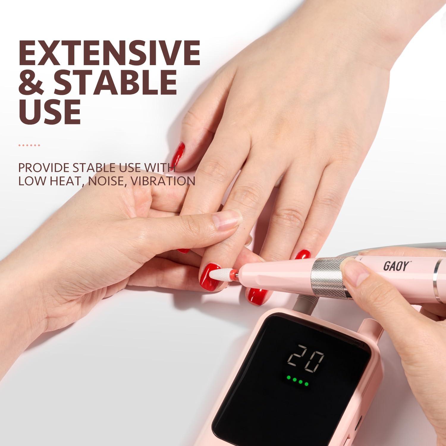 GAOY GAOY Rechargeable Cordless Nail Drill for Beginners, Electric Nail File with 12 Drill Bits and Sanding Band Set for Acrylic and Gel, Pink