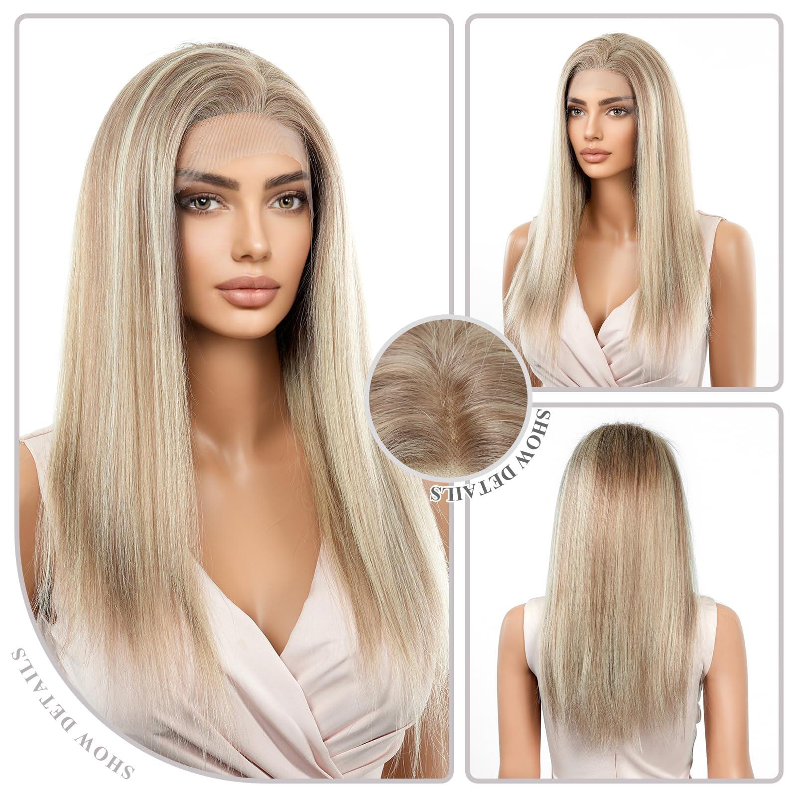 DWY DWY Ash Blonde Wig Human Hair with Highlights Lace Front Wigs Human Hair Long Straight Blonde Wigs for Women 13x4 HD Lace Front Wigs Human Hair Highlights