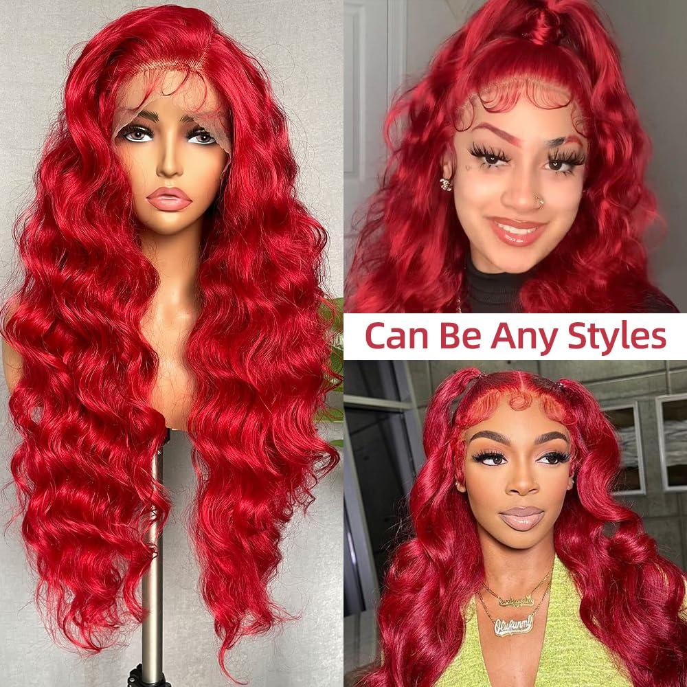 Avolo Avolo 13x4 Red Human Hair Wigs 32 Inch Red Colored Human Hair Lace Front Wigs Body Wave Red Lace Front Wig Human Hair Pre Plucked Red Wig Human Hair With Baby Hair 180% Density Glueless Wig