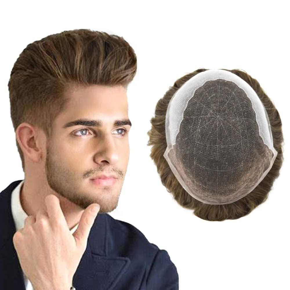 Generic Toupee For Men Swiss Lace Hair System Real Human Hair Piece Swiss Lace Front Mens Toupee Bleached Knots Natural Hairline Men Hair Replacement Sytems US Stock. (8X10\"-90% light to medium density, 5# MEDIUM LIGHT BROWN)