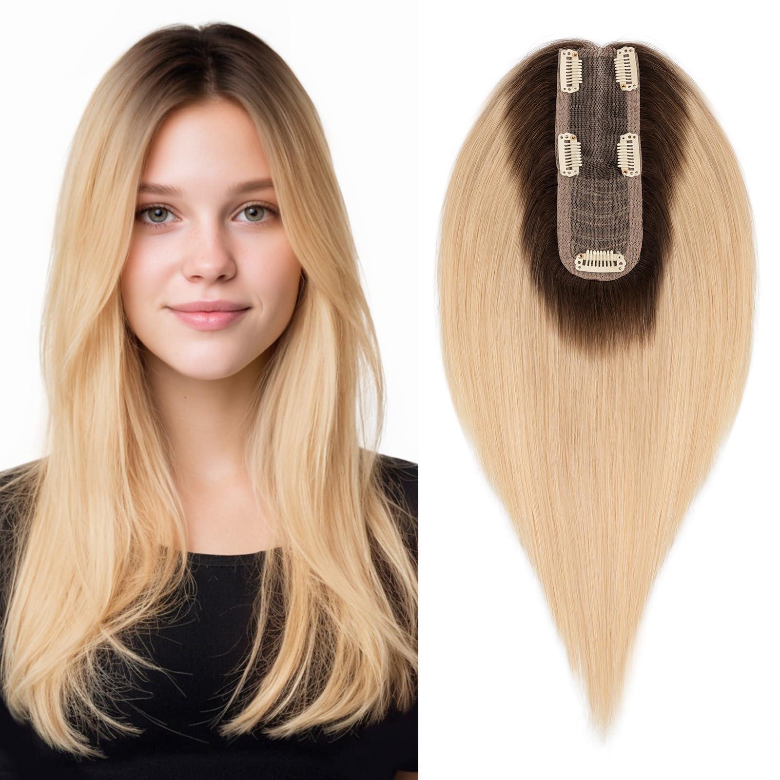 Hairro Hairro Hair Toppers For Women Real Human Hair Top Hair Pieces For Thinning Hair Short Topper Hairpiece Remy Toupee On Top 10 Inches 36g #JLT613 Medium Brown Ombre to Bleach Blonde