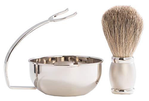 Bey-Berk Bey-Berk BB13 Chrome Plated & Satin Finished Soap Dish with Pure Badger Brush, Grey