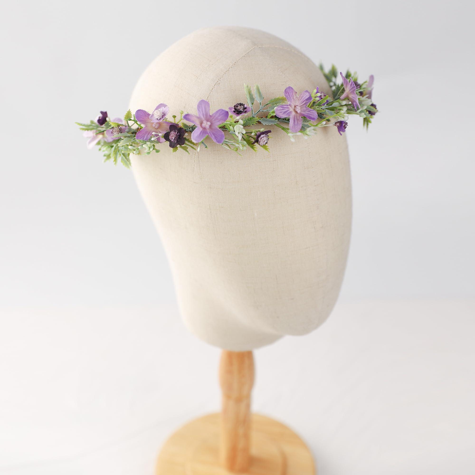 KorViSHOW KorViSHOW Handmade Purple Flower Crown Floral Headband for Bridal Weeding Elf Wreath Women Girls Headdress Fairy Green Leaf Headpiece Cosplay Photo Prop