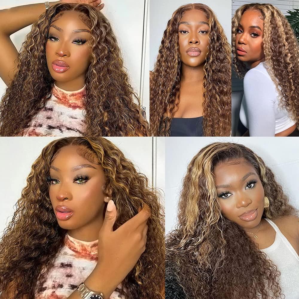 QEUOPE Highlight Deep Wave Bundles Human Hair Honey Blonde Deep Curly Weave Bundles P4/27 Human Hair Bundles Double Weft Brazilian Remy Hair Wet and Wavy Silky Soft Weave Extensions (24 26 28 Inch 3 Bundles)