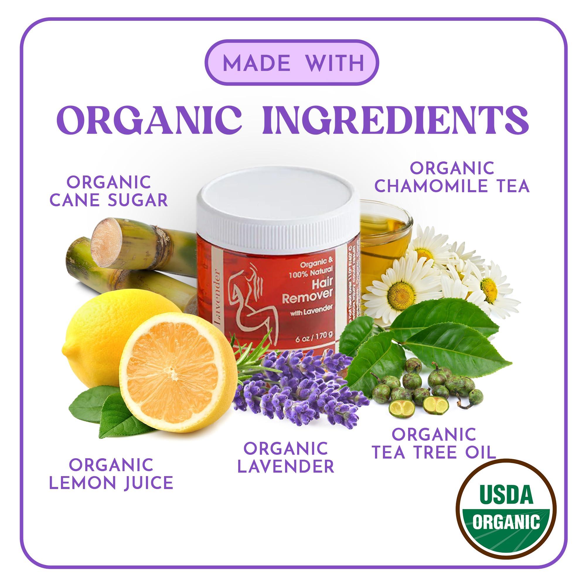 MOOM MOOM - Organic Sugar Wax Hair Removal Kit, For Underarm, Face and Bikini Zone, Waxing Kit Includes Sugar Wax Infused with Lavender, Wax Strips & Waxing Sticks, Ideal for Sensitive Skin - 6 ounces