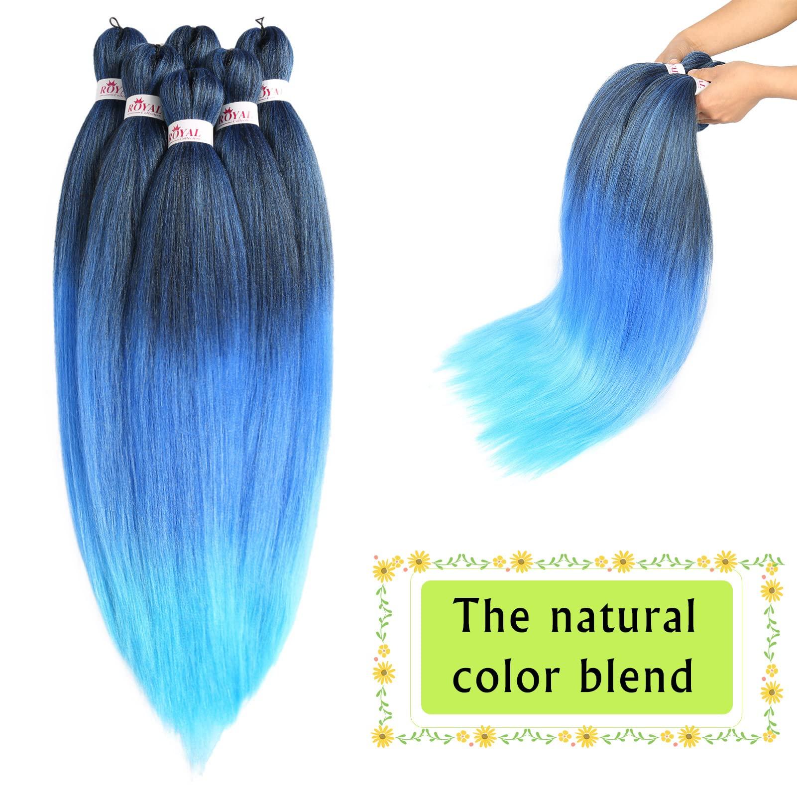 Royal Collection Pre stretched Braiding Hair Ombre Blue Hair Extensions Long Braid 30inch 6 Packs Synthetic EZY Braid Hair for Braiding Hair Easy Braids Yaki Hair(30inch T1b/blue/Light blue#)