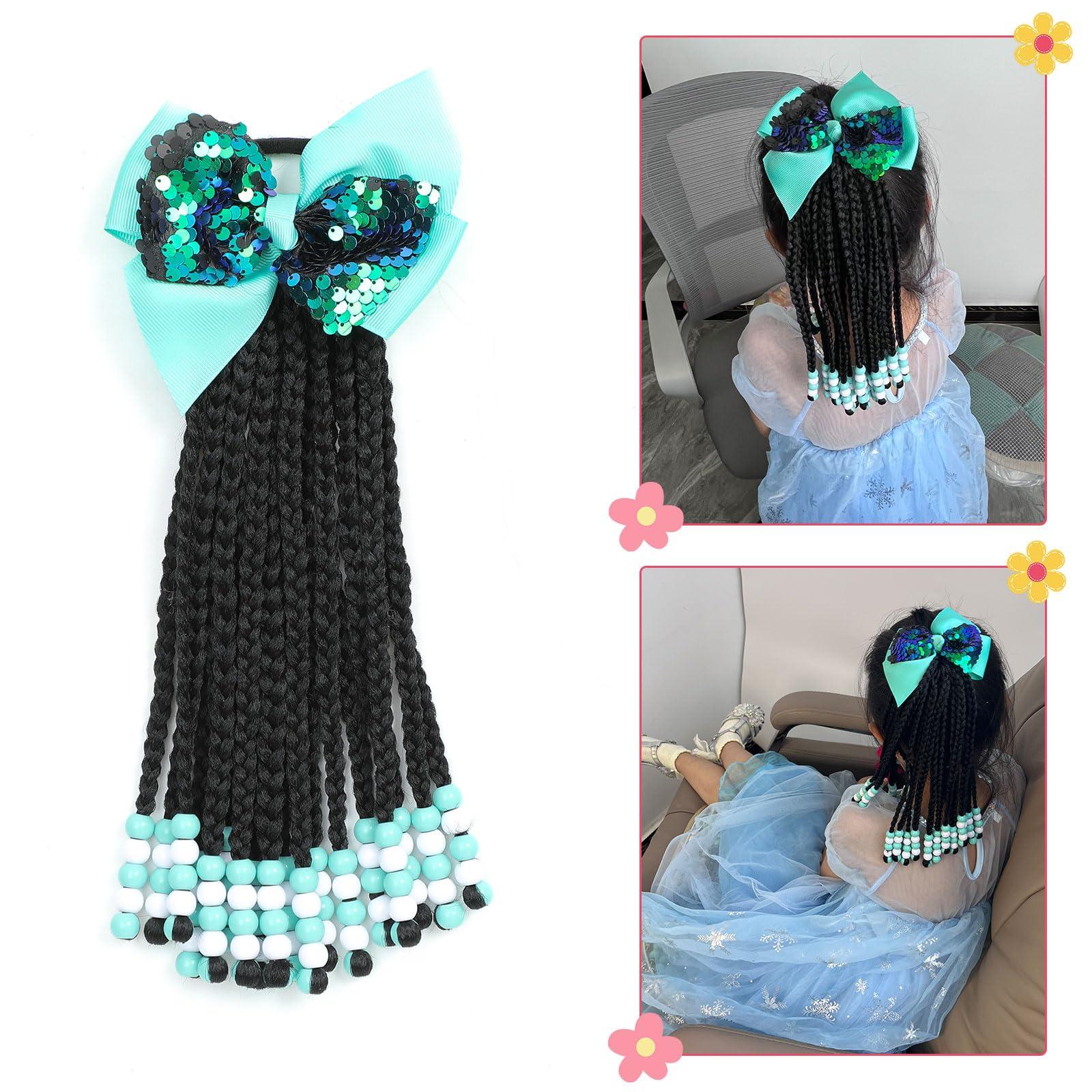 TIHQIEX TIHQIEX Kids Ponytail Extension With Beads Braids Kids Hair Extensions For Girls Braid Ponytail Extension Hair Beads For Kids Girls Kids Hair Accessories For Girls (Box-9inch, Green&White)