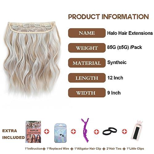 BUPPLER BUPPLER Halo Hair Extensions 12 Inch Invisible Wire Hair Extensions Adjustable Long Wavy Hair Extensions Synthetic Upgrade 4 Secure Clips in Hairpieces 12 Inch, Dark Golden Mix Platinum Blonde