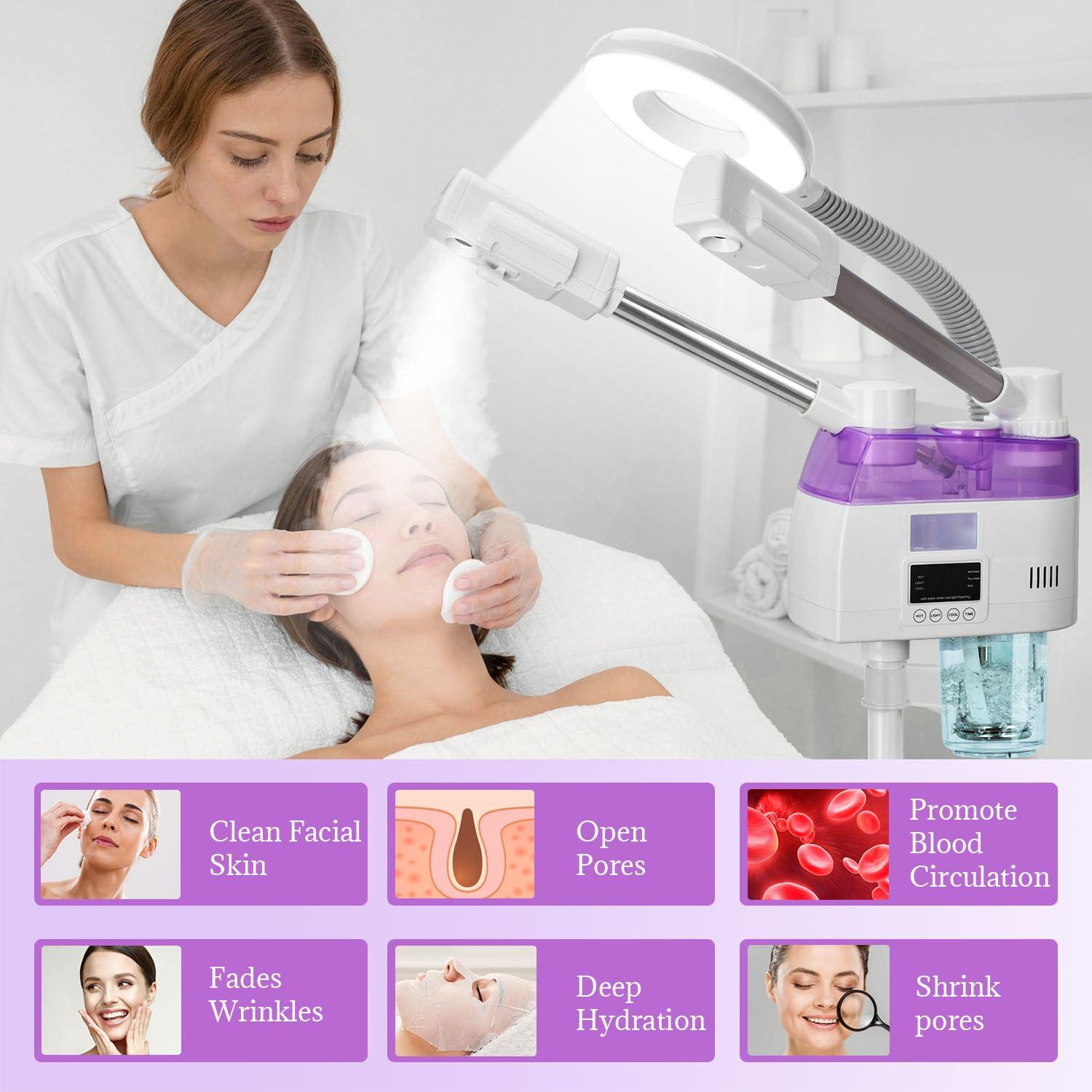 JOSTZHXIN 3 in 1 Facial Steamer,Professional Facial Steamer with 5X Magnifying LED Lamp, Esthetician Steamer with Hot & Cold Mist, Face Steamer On Wheels for Salon Spa Beauty Skin Care