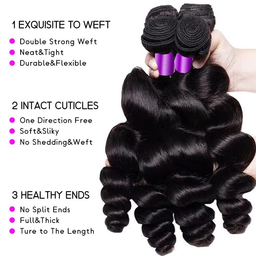 Luduna Luduna Human Hair Loose Wave Bundles with Closure Brazilian Loose Wave 3 Bundles with 4X4 Lace Closure 100% Unprocessed Virgin Human Bundles Hair Extensions for Black Women