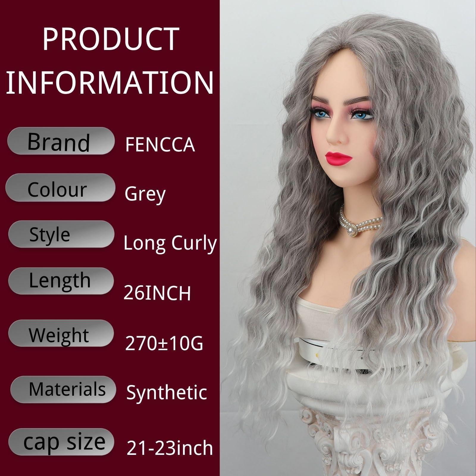 Fencca Fencca Grey Long Curly Wig Synthetic Mixed Gray Wave Curly Wigs for Women Free Part Full Curly Wig Layered Long Wavy Grey Wig