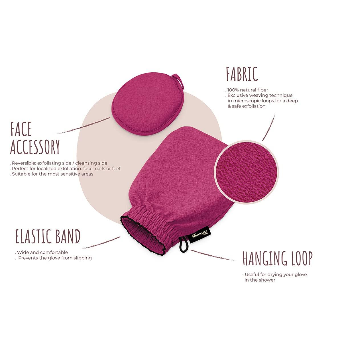 LE GANT RENAISSANCE Renaissance Glove a body Exfoliating Mitt with face scrubbing accessory by Daniele Henkel – Vegan more effective & resistant than a loofah, brush or scrub sponge bath -100% natural (Royal Magenta)