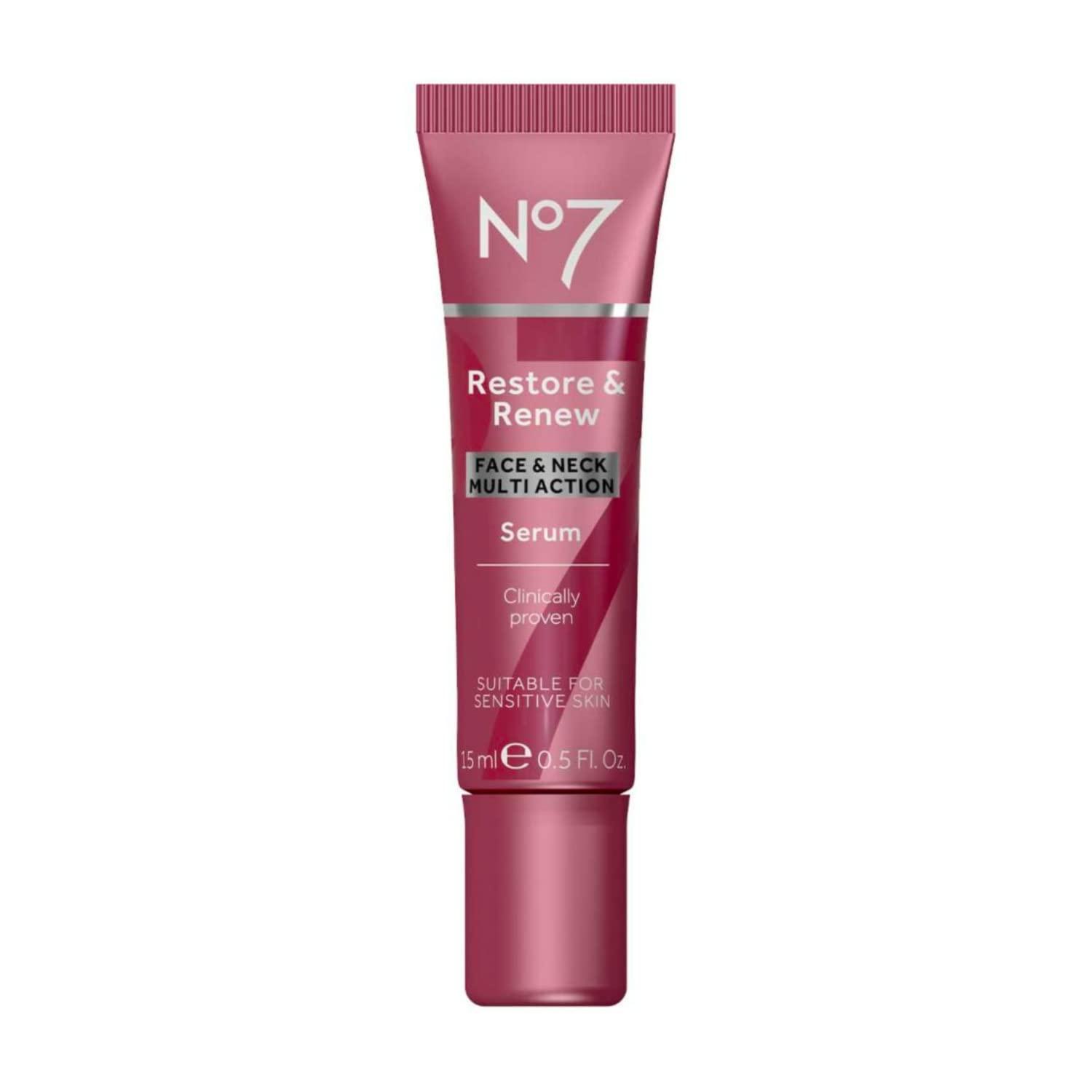 No7 No7 Restore & Renew Multi-Action Face & Neck Serum - Anti Aging Face Serum for Women with Deep Wrinkle Repair - Collagen Infused with Hydrating Hibiscus Peptides & Hyaluronic Acid (0.5 Fl Oz)
