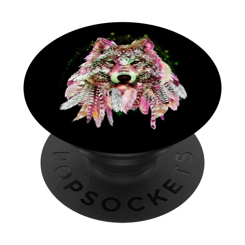 Tribal Wolf Head Stars Native Native American Wolf Head Tribal Bohemian Tattoo Art PopSockets Standard PopGrip