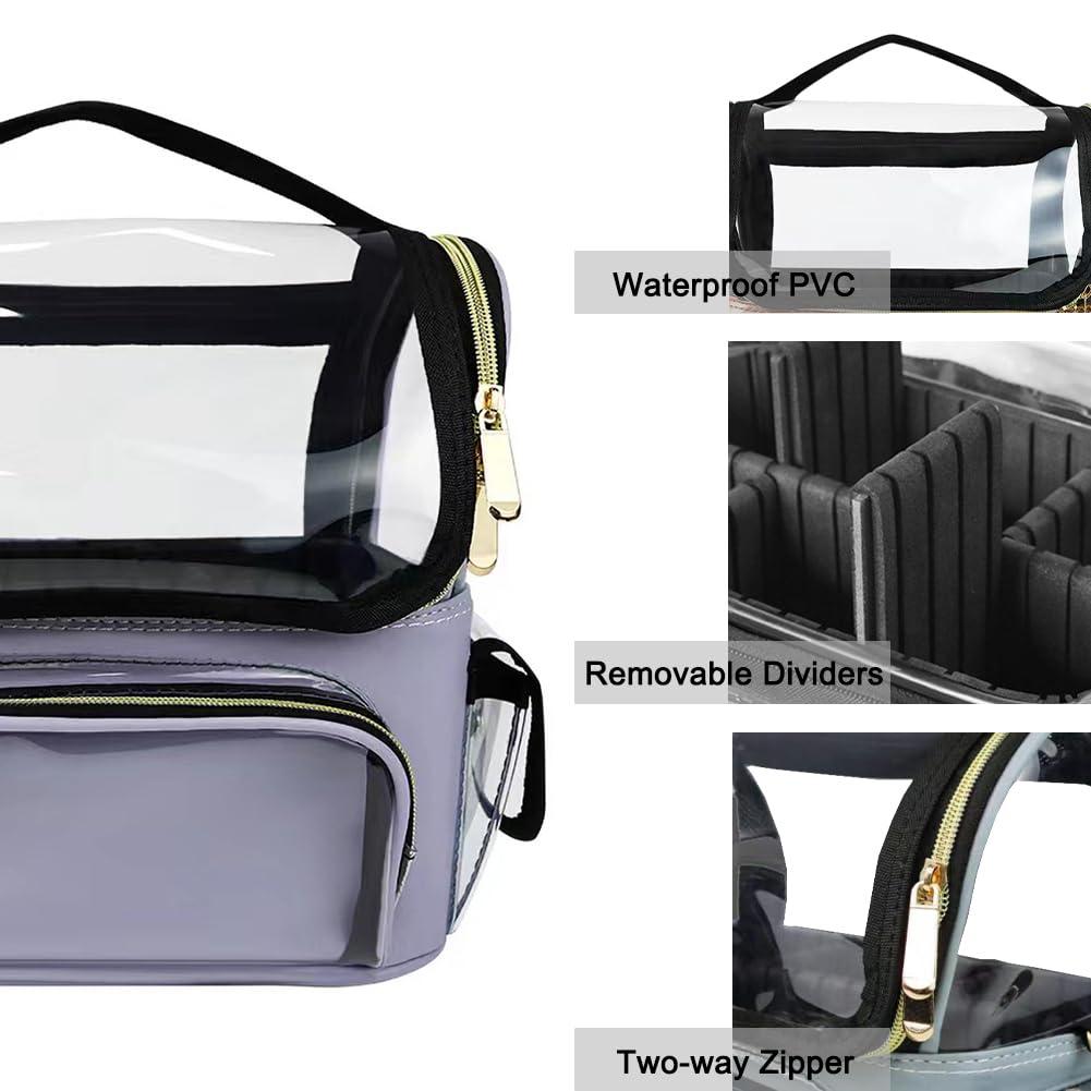 OEIPSMK OEIPSMK Makeup Brush Case, Clear Makeup Organizer Bag with Pockets Transparent Professional Makeup Bag Makeup Travel Makeup Artist Bag with Shoulder Strap and Adjustable Dividers, Black, Light Purple