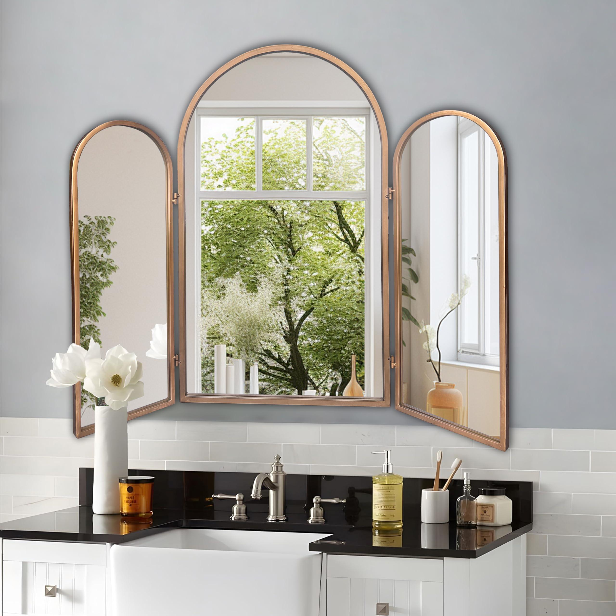 BAODANFU BAODANFU 3 Way Mirror Bathroom, Trifold Vanity Mirrors for Bathroom Bedroom, Large Arch Mirrors Decorative Vintage Gold, Adjustable Makeup Mirror for Braiding Hair 360 Way Tabletop & Wall Mounted