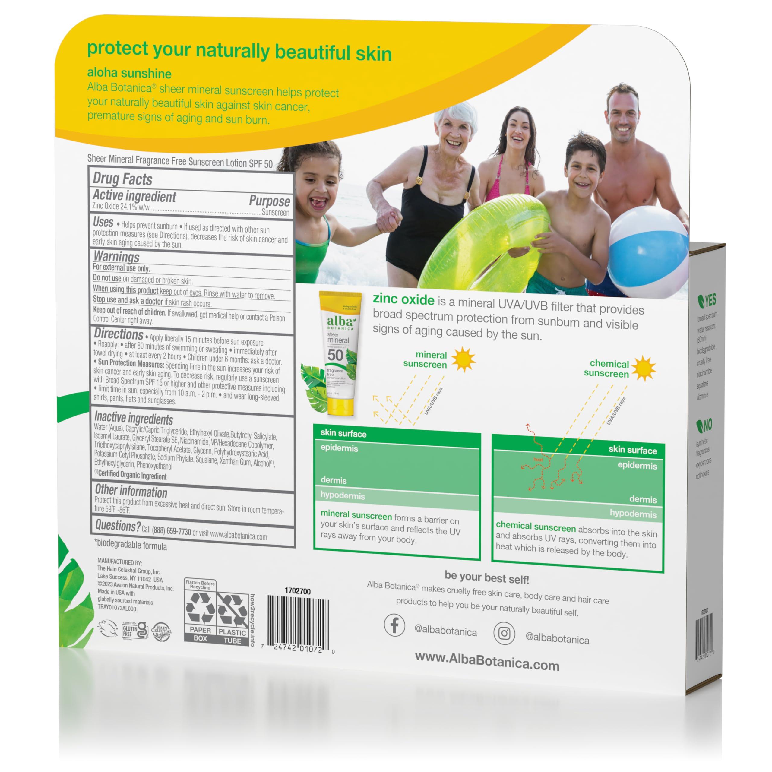 Alba Botanica Alba Botanica Mineral Sunscreen Lotion, Broad Spectrum SPF 50 Sunscreen, Water Resistant and Biodegradable, 4 fl. oz. (Pack of 2)