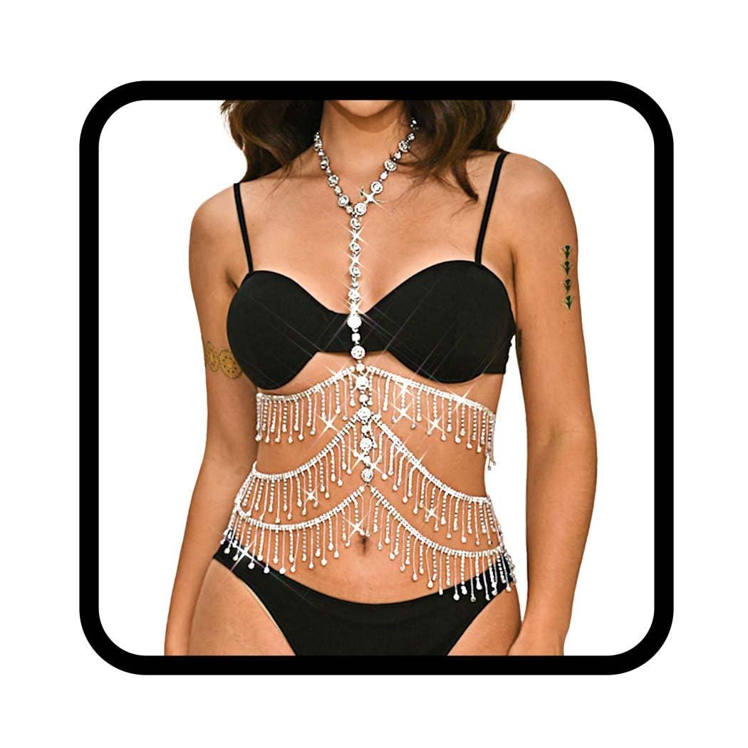 BODIY Silver Rhinestone Body Chain Jewelry Glitter Crystal Chest Chains Sparkly Bikini Bra Chain for Women