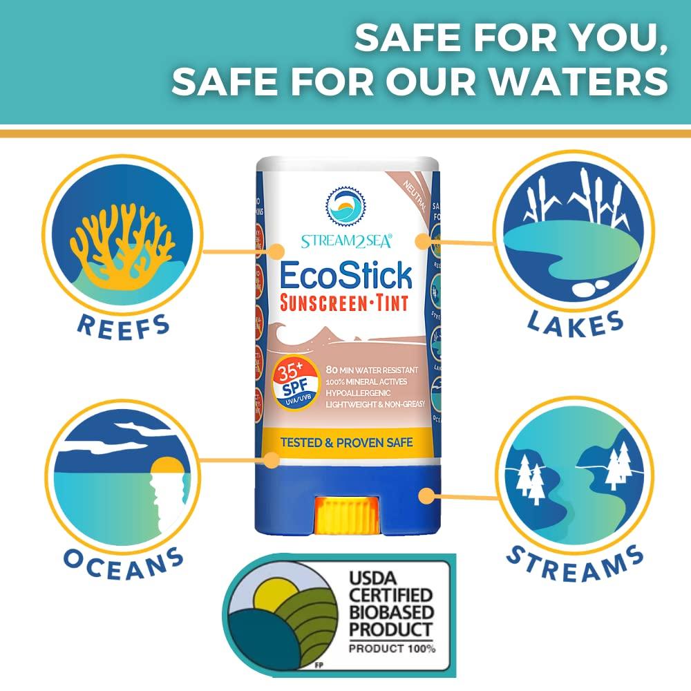 STREAM 2 SEA STREAM2SEA EcoStick SPF 35 Mineral Sunscreen Stick, Sweat Water Resistant Sunblock, USDA Approved Biodegradable Paraben Free Reef Safe Sunscreen Protection Against UVA UVB (EcoStick Tint) - 0.5 oz