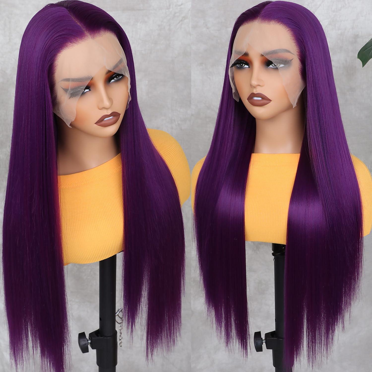 Lezaxiu Lezaxiu Purple Lace Front Wigs Long Straight Glueless Dark Purple Wigs Pre Plucked Ready to Wear Wigs Heat Resistant Synthetic Lace Front Wig for Black Women Natural Hairline