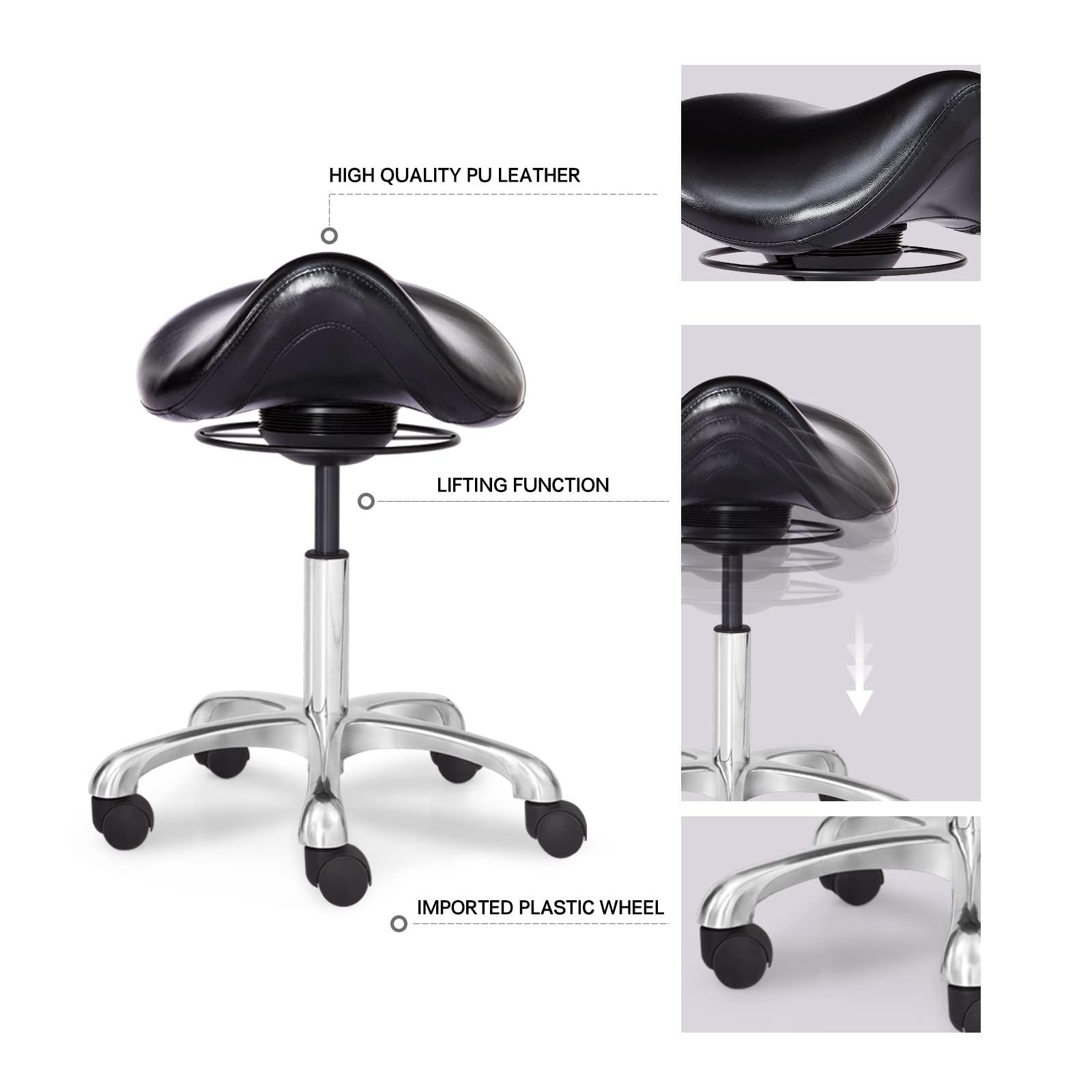 Eognyzie Saddle Stool Swivel Height Adjustable with Wheels Wobble Rolling Stool for Medical Massage Salon Kitchen Spa Drafting Lab Clinic Dentist, Ergonomic Hydraulic Seat Chair Office Stool