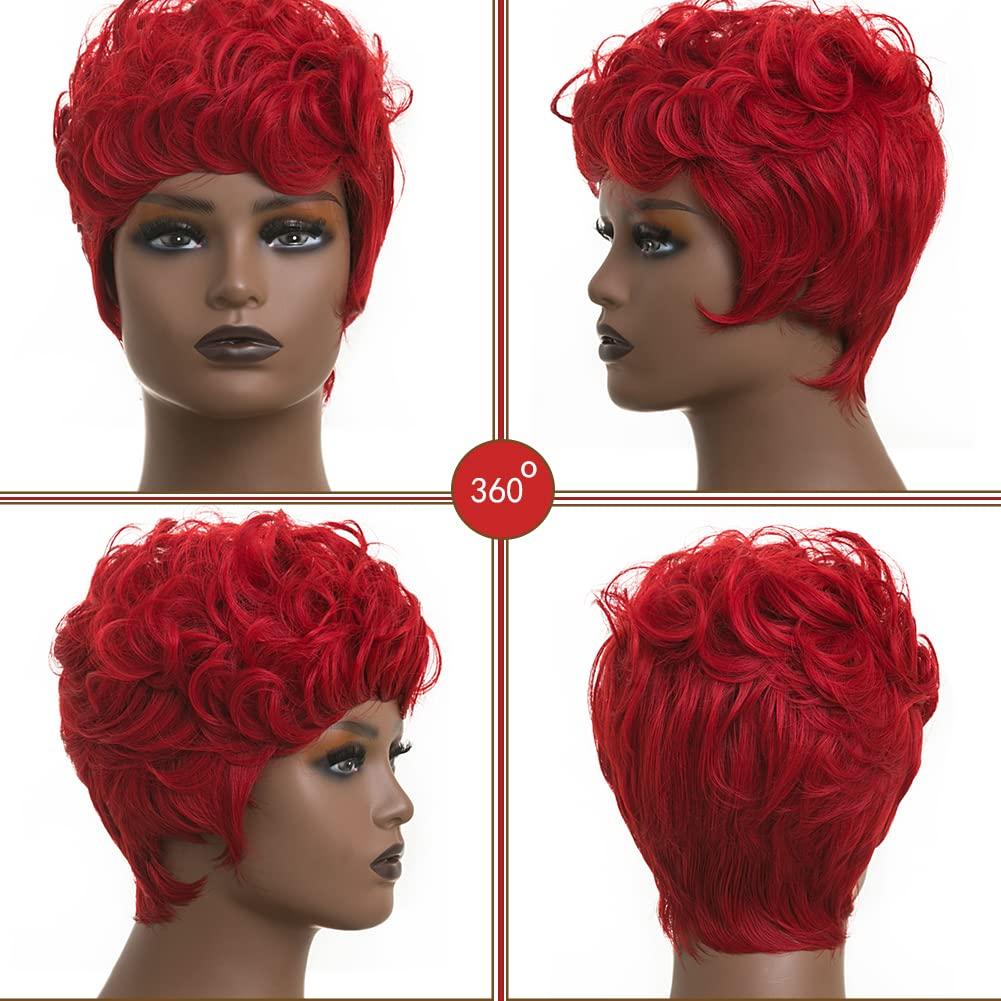BingSing Red Pixie Wig for Women Natural Wavy Hair Pixie Cut Wigs with Bangs Red Pixie Wig Burgundy Short Red Pixie Wig Short Curly Red Wig for Black Women Synthetic Hair Pixie Cut Wig for Black Women (Red)