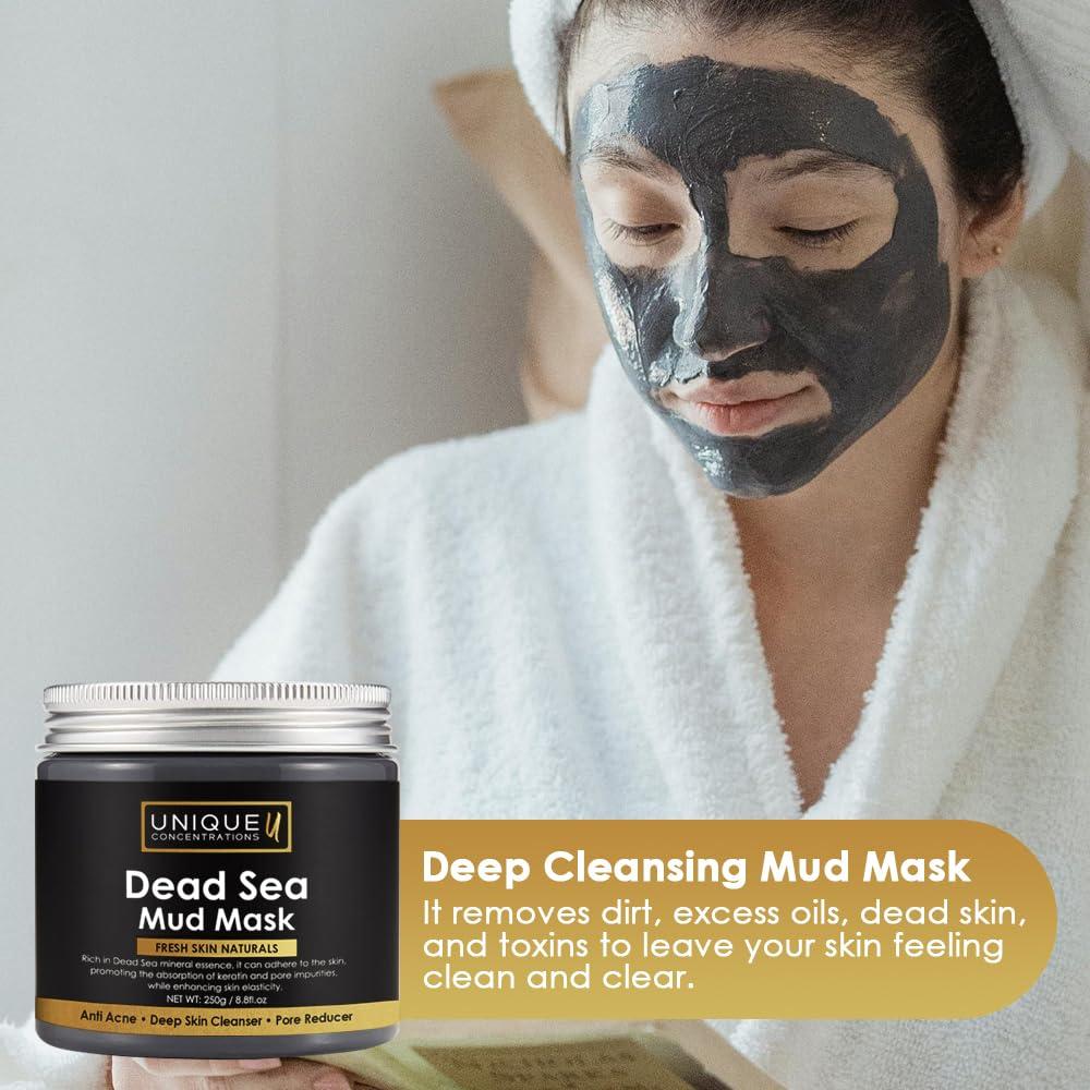 UNIQUE CONCENTRATIONS Dead Sea Mud Mask for Face and Body - Deep Cleansing, Exfoliating, Detoxifying for Acne, Blackheads, Oily Skin, and Pore Clearing - 100% Natural Mineral-Rich Formula for Men and Women - 8.8 oz