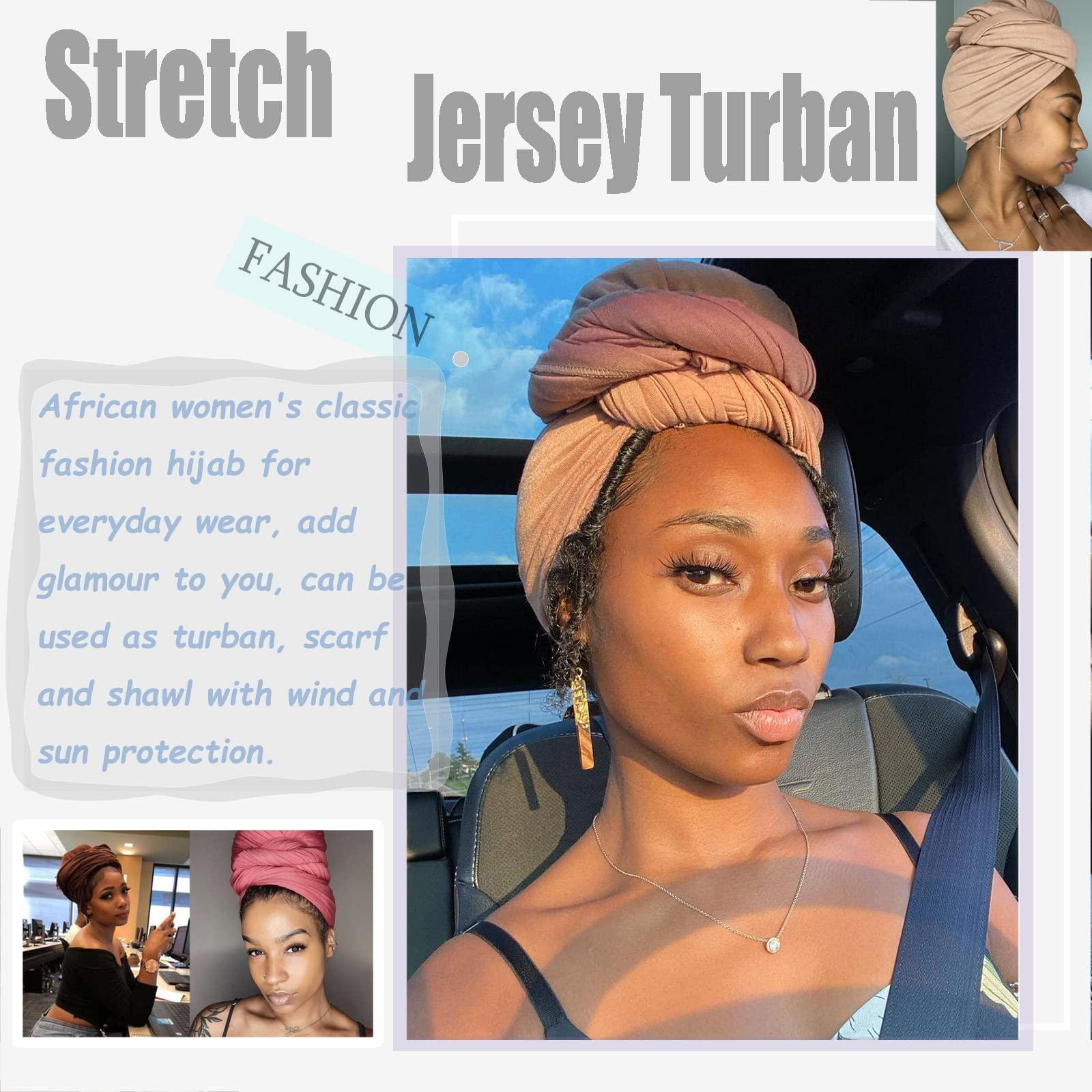 ZRQ ZRQ 5 Pieces Stretch Jersey Turban Fashion Headband Soft Breathable Long Lightweight and Comfortable Tie Head Wraps for Black Women (Black,Army Green,Dark Blue,Camel,Dark Grey)