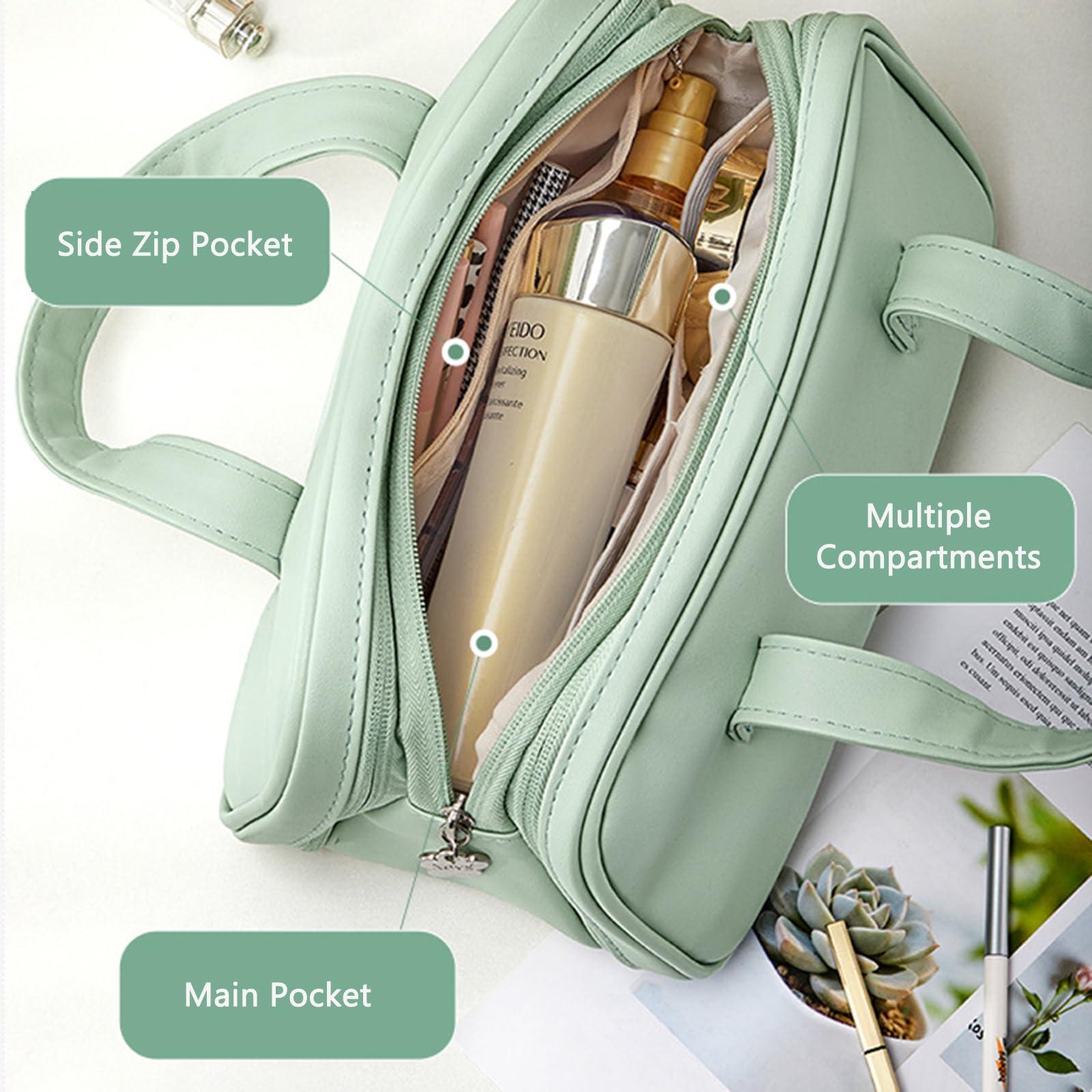 HACLEN Leather Cosmetic Bag, Makeup Bags for Women, Vanity Bag Travel Large Toiletry Bag Make Up Bag with Handle and Divider,Blue