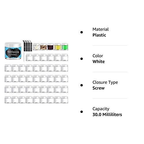 Potchen Potchen 100 Set Plastic Jars Makeup Travel Makeup Container with Lids Slime Storage Containers for Creams Toiletries Small Containers with Lids Chalkboard Label Stickers Marker (White, 1 oz)
