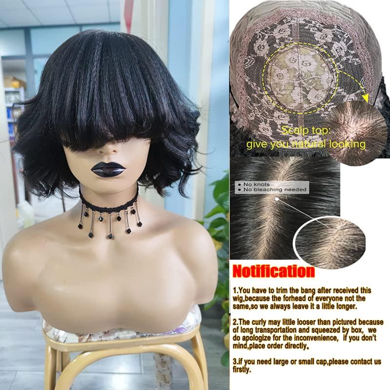UMRHair 10inch Short Yaki Wavy Bob Human Hair Wig with Bangs 150% Density Short Cut Scalp Wig None Lace Italian Yaki Human Hair Wigs Glueless Wavy Black Bob Bangs Scalp Top Human Hair for Women