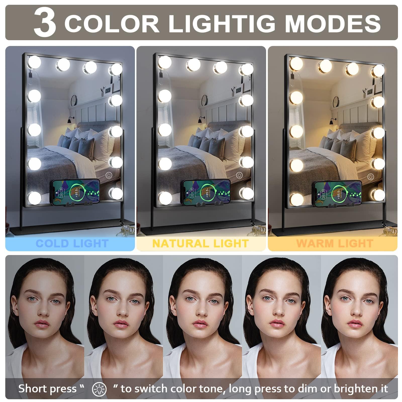 Hansong Hansong Vanity Mirror with Lights and Wireless Charging Hollywood Mirror with Lights and Phone Holder 12 LED Bulb Music Speaker Makeup Mirror with Lights 3 Color Lighting Modes Black