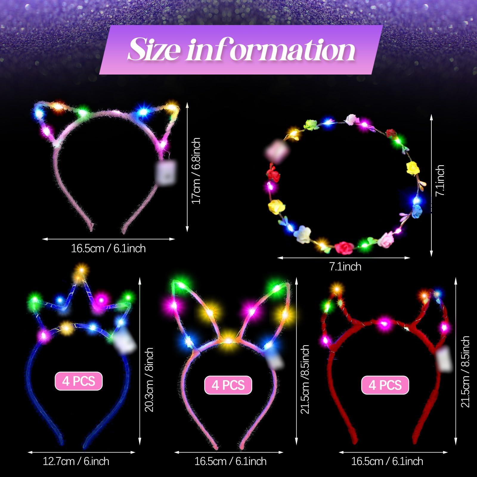 Xinnun 50 Pcs LED Cat Ear Headbands Bulk, Light up Flower Headband Glow Crown Rabbit Ear Hairband Luminous Head Accessories for Glow in the Dark Party Supplies