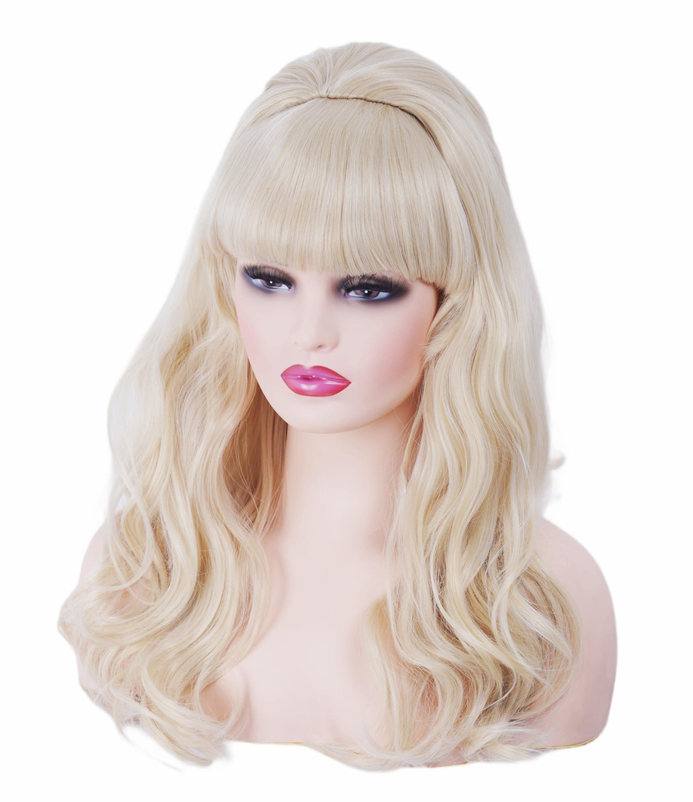 NJJYXH NJJYXH 20 Inches Retro Beehive Blonde Wigs for Women Long Wavy Wig with Neat Bangs Synthetic Natural Wig for 60s 70s 80s Cosplay,Halloween,Daily Use