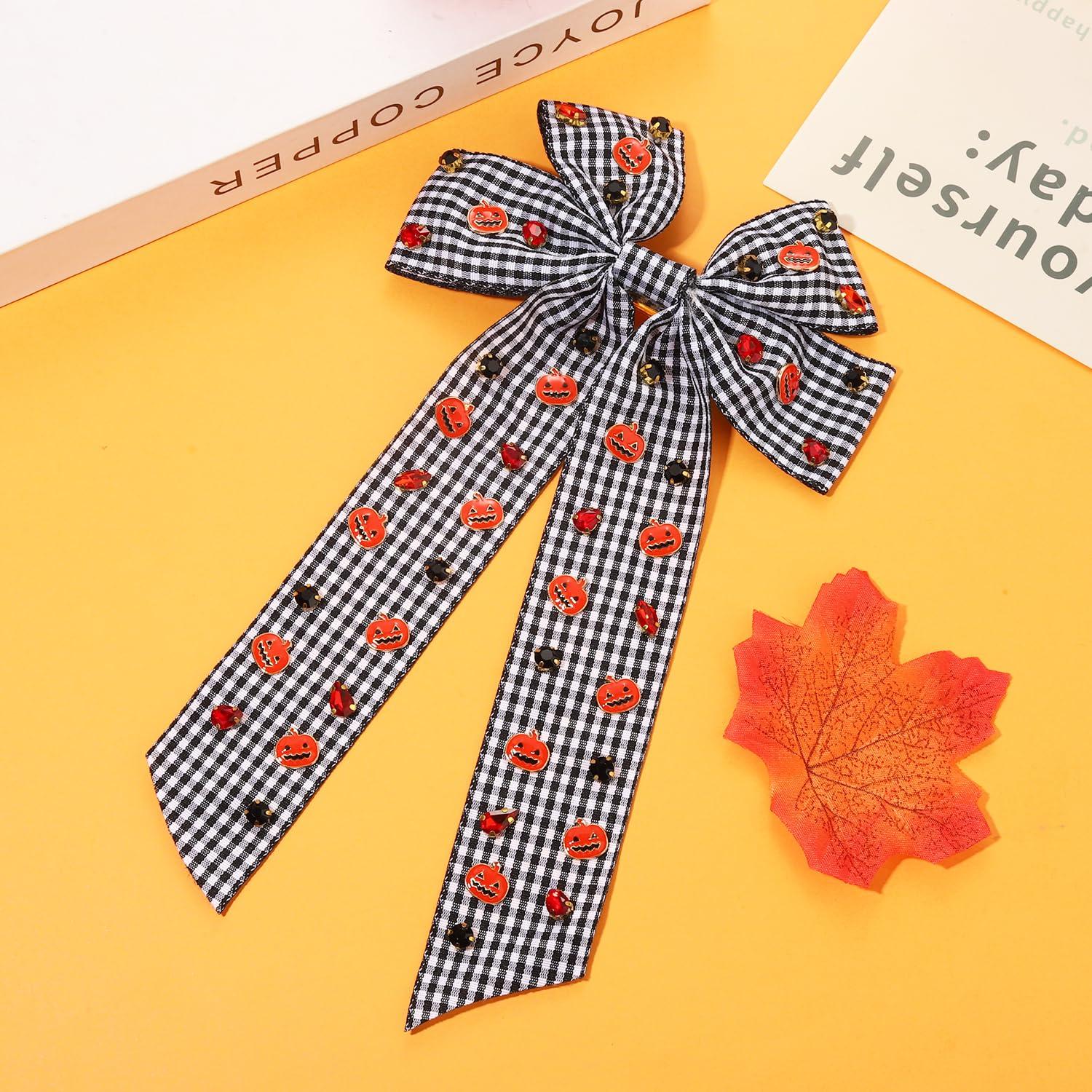 YAHPERN Halloween Hair Bows for Women Spooky Pumpkin Hair Bow Clips Jeweled Large Hair Bows Silky Satin Black Hair Ribbons Halloween Hair Clips Halloween Accessories Costume Outfits