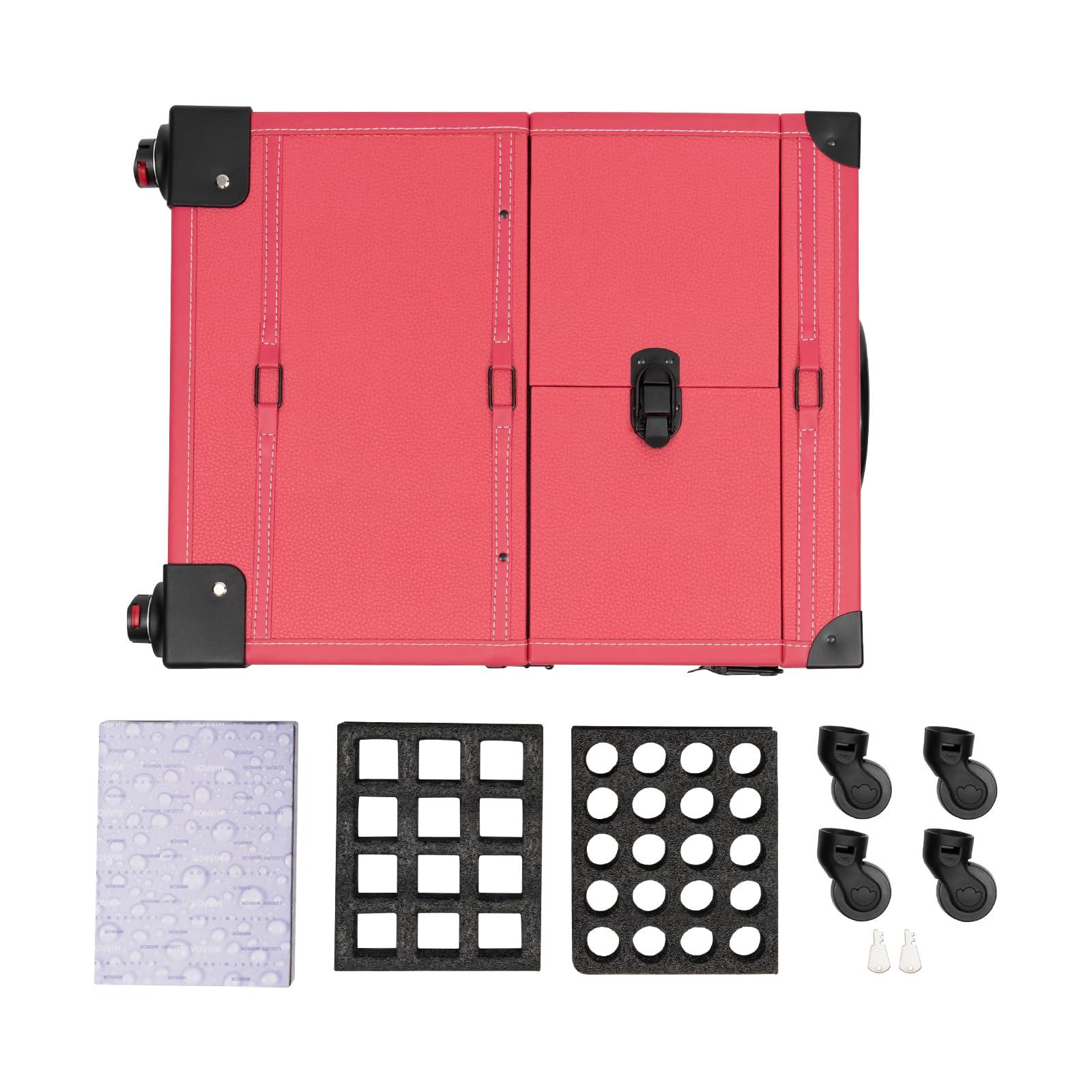 NOLANTISI NOLANTISI Makeup Rolling Train Case with Hairdryer Holder, Professional Cosmetic Case Hair Salon Trolley Stylist Beauty Station Travel Organizer Lockable Box with Hair Roller Holder (Rose)