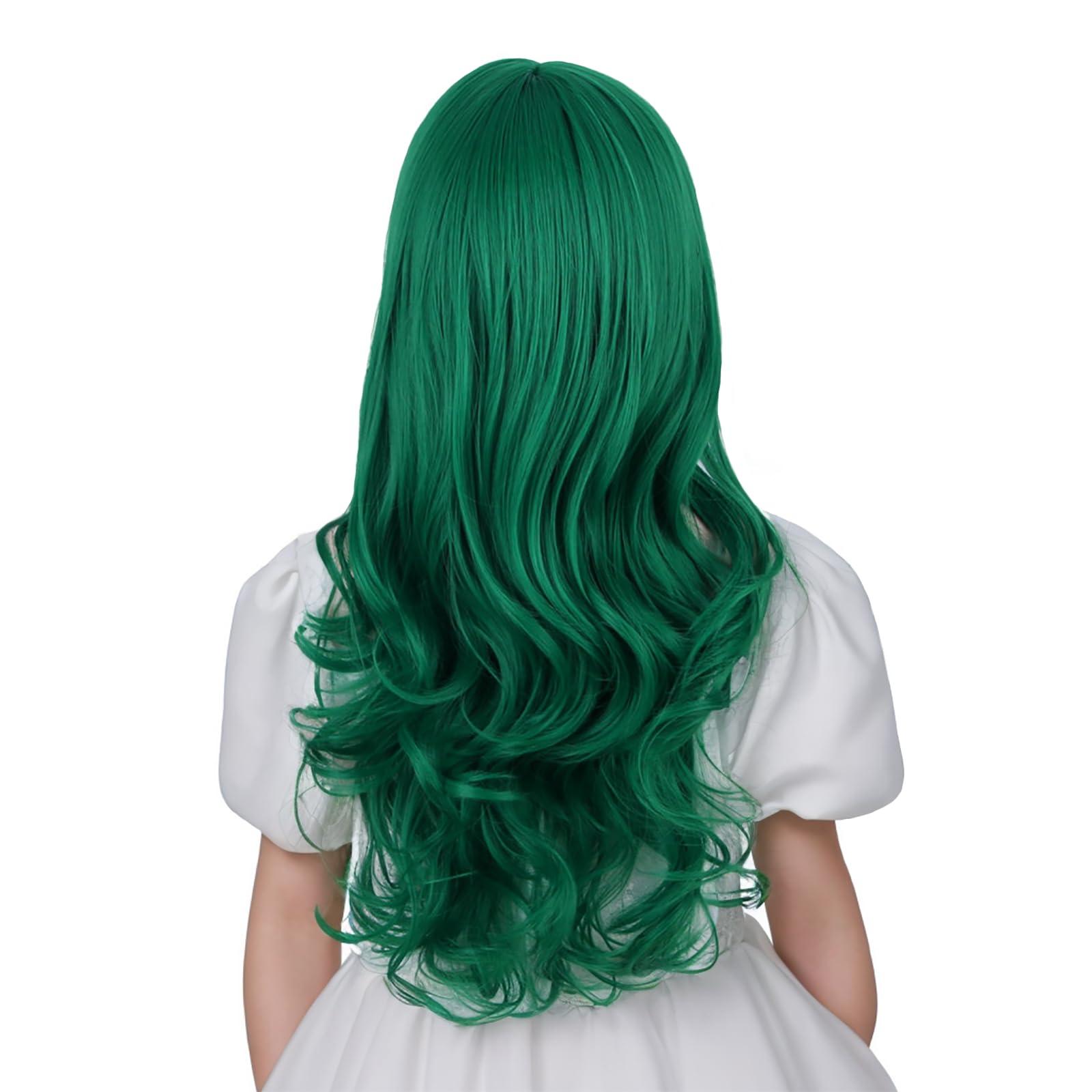 Edivd Edivd Kids Dark Green Wig Long Green Wig with Flat Bangs for Child Long Dark Green Wavy Curly Wig for Girls Heat Resistant Synthetic Wig with Wig Cap