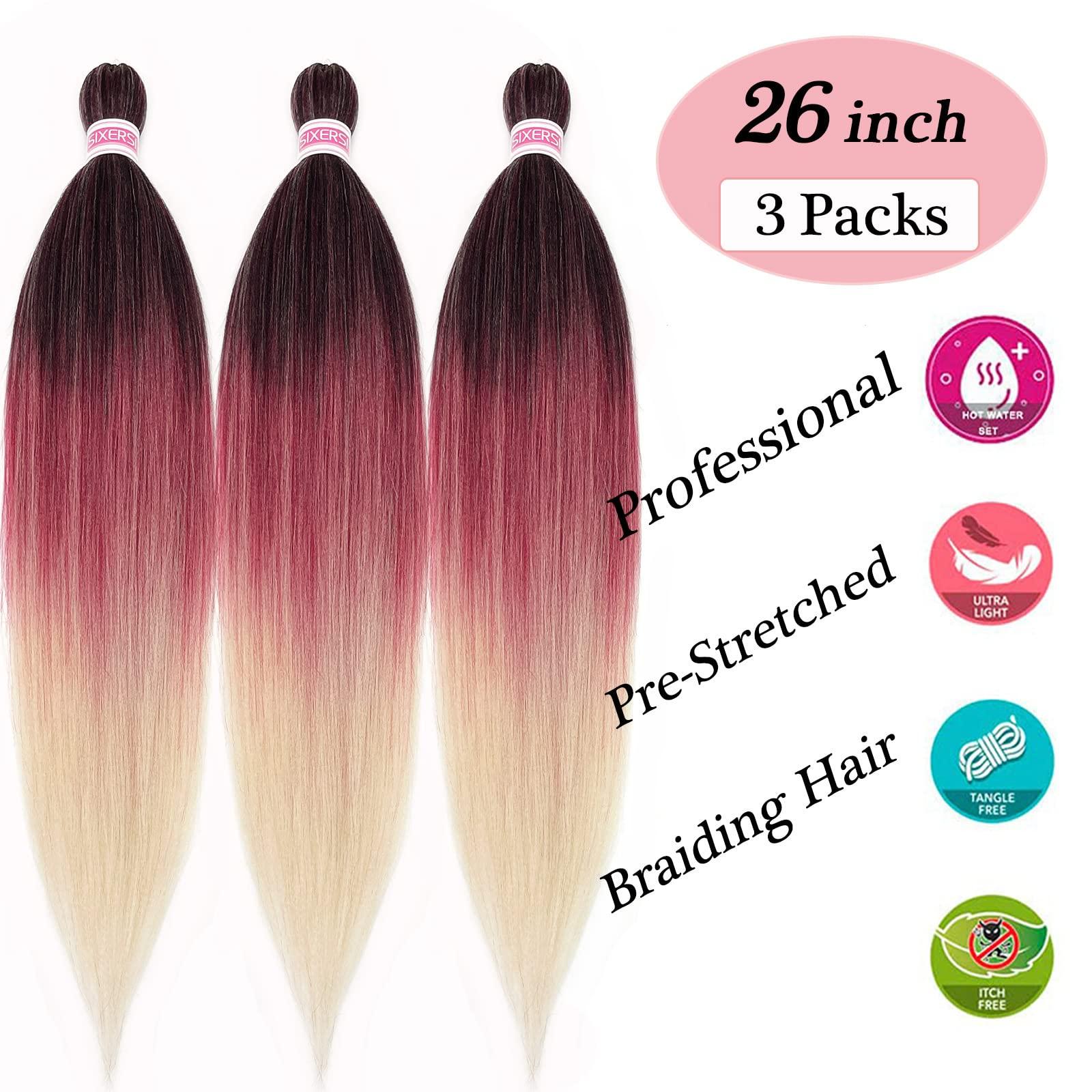 SIXERSI 1B Burgundy Blonde Ombre Braiding Hair Pre Stretched 26 inch 3 Packs Pre Stretched Braiding Hair Ombre Synthetic Hair for Braiding Itch Free Crochet Box Braids Yaki Micro Braiding Hair Extensions