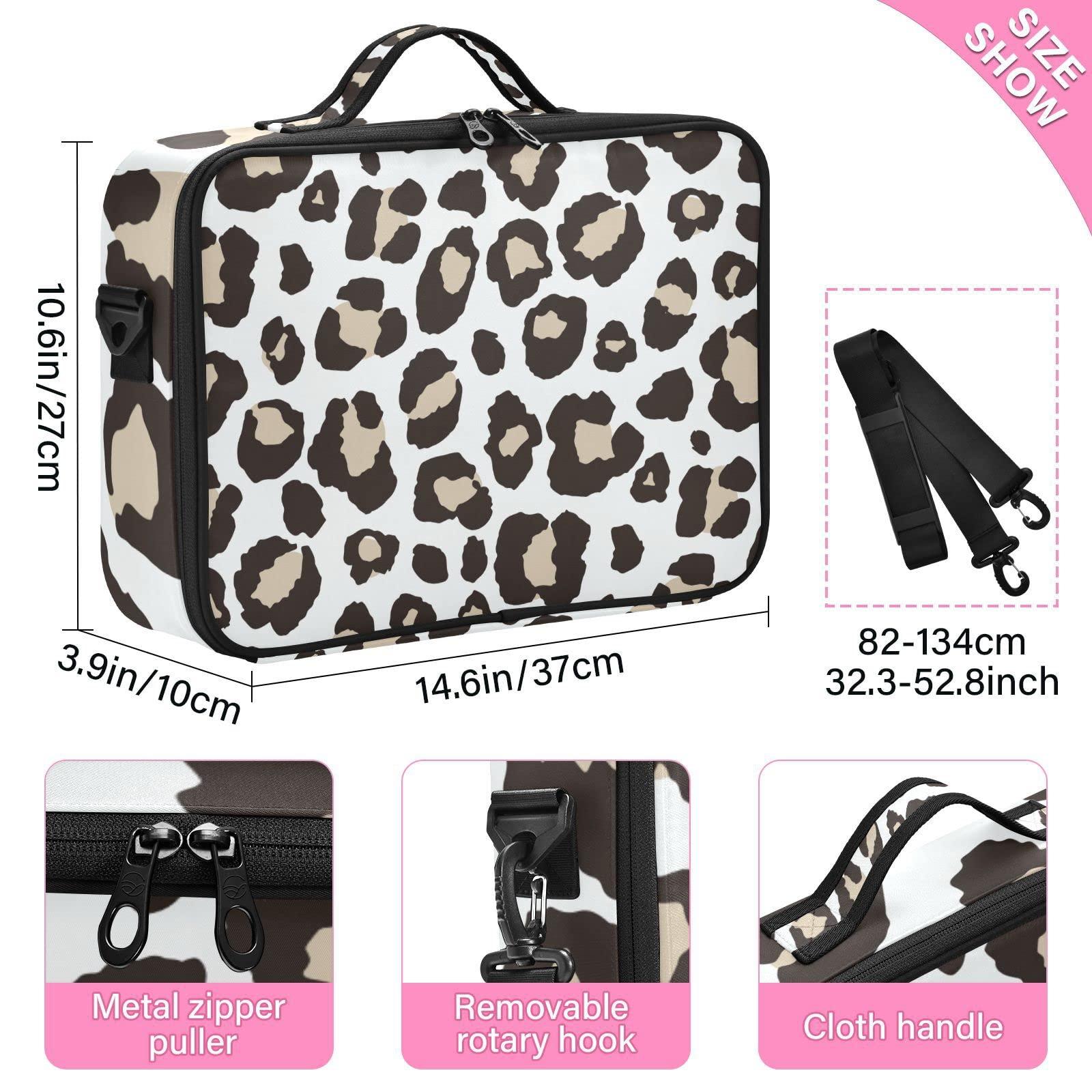 KLL KLL Leopard Print Pattern Large Capacity Cosmetic Case Travel Makeup Train Case with Adjustable Dividers and Shoulder Strap Portable Storage Bag for Toiletry Makeup Brush Jewelry Travel Accessories