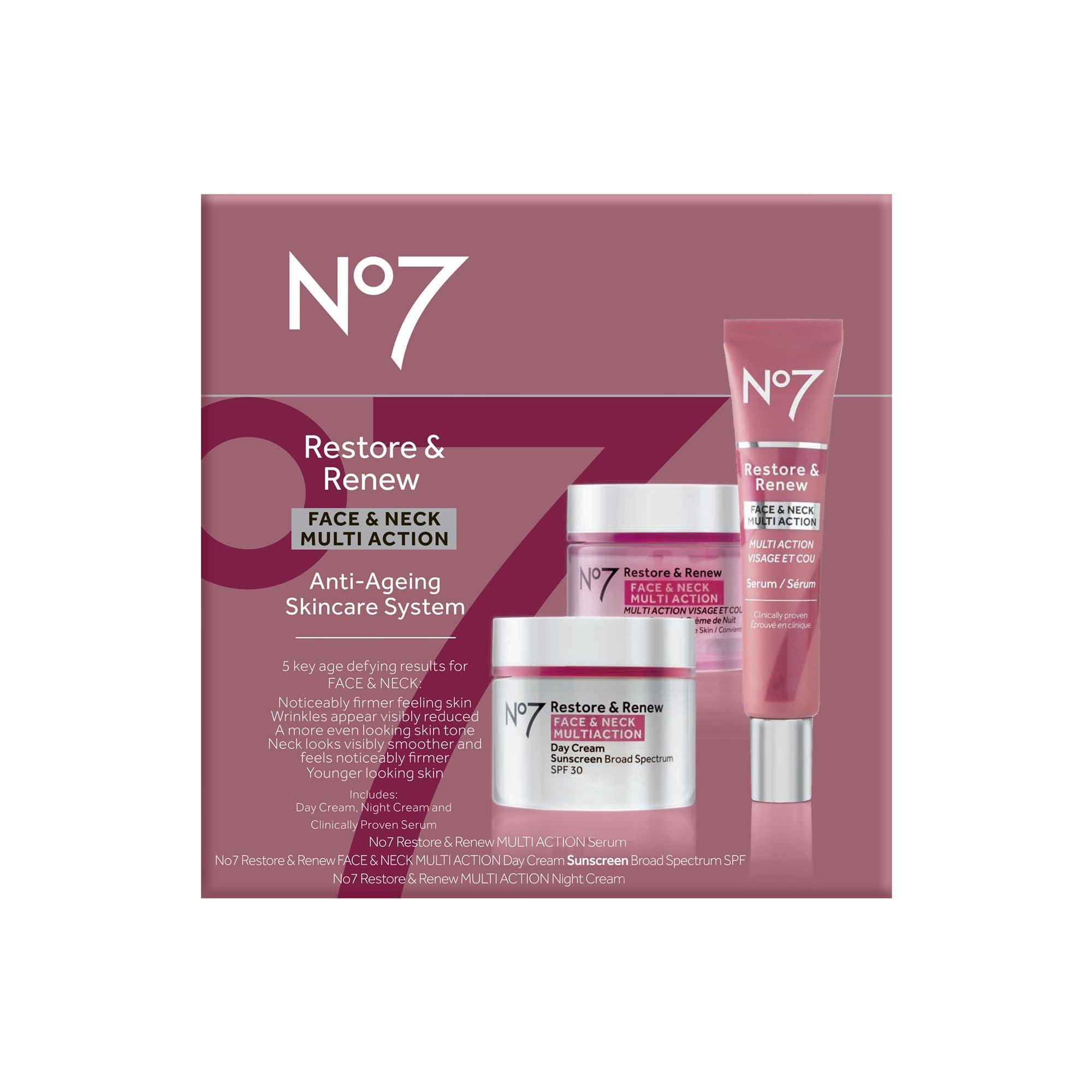 No7 No7 Restore & Renew Face & Neck Multi Action Skincare System - SPF 30 Day Cream with Vitamin C & Collagen Peptides + Anti Aging Facial Serum + Hyaluronic Acid Hydrating Night Cream (3 Piece Kit)