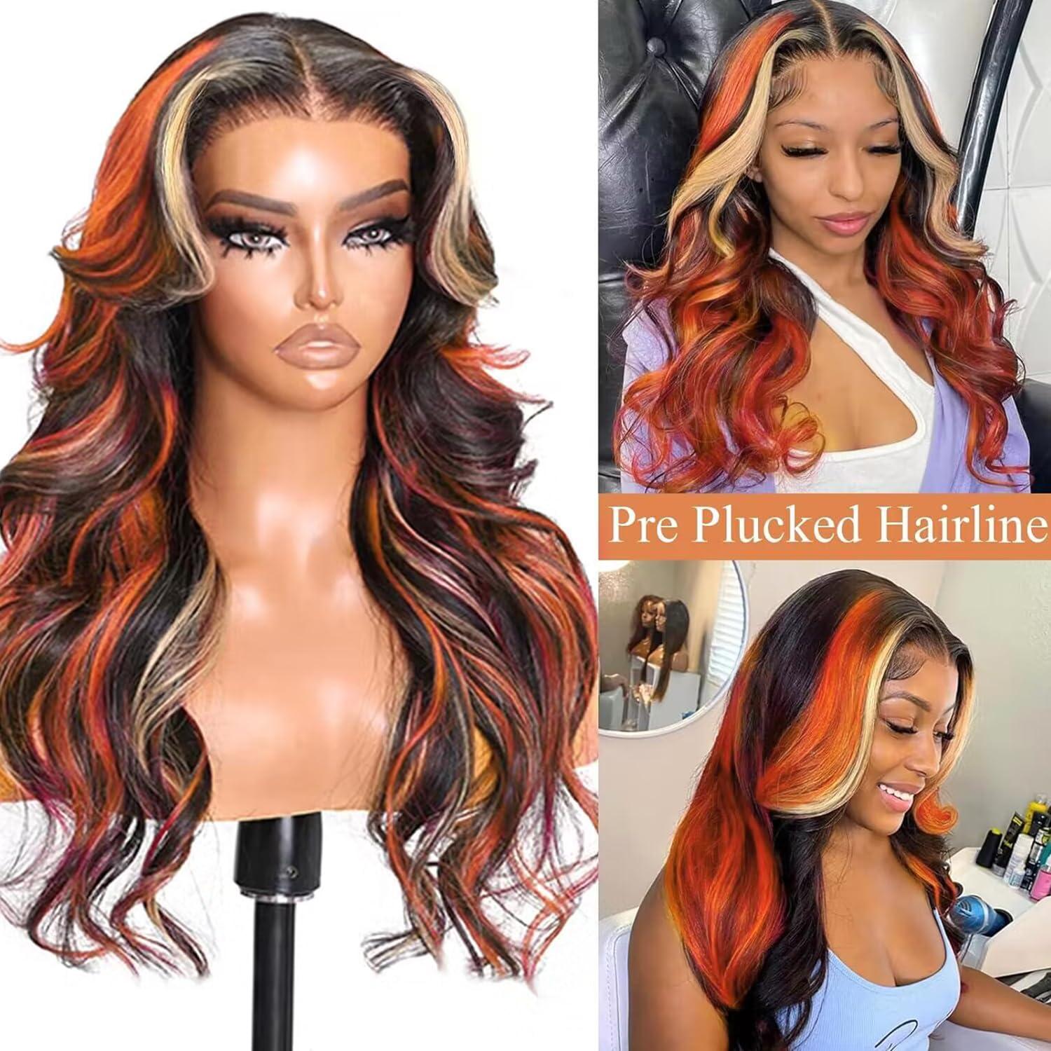 IHEREIN Black Ginger Blonde Highlight Wig Human Hair Lace Front Skunk Stripe Wig 13x4 Glueless Body Wave Lace Frontal Wig Pre Plucked For Women Black Highlights Honey Brown Ginger Wig 22 Inch 150% Density