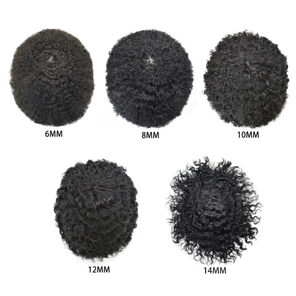 Generic Afro Toupee for Black Men Brazilian Human Hair Replacement Systems Kinky Curly Hair Units for Black Man 8X10 All PU Injected Mens Toupee Male Hair Prosthesis (12mm afro wave, 1# JET BLACK)