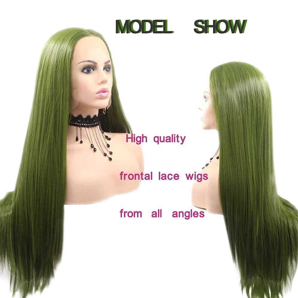 karissa Hair Green Wig Long Lace Front Wig for Women Olive Green Synthetic Wig Realistic Looking Handmade Straight Forest Green Lace Wigs Glueless Synthetic Heat Resistant Fiber Hair Cosplay 24 Inches