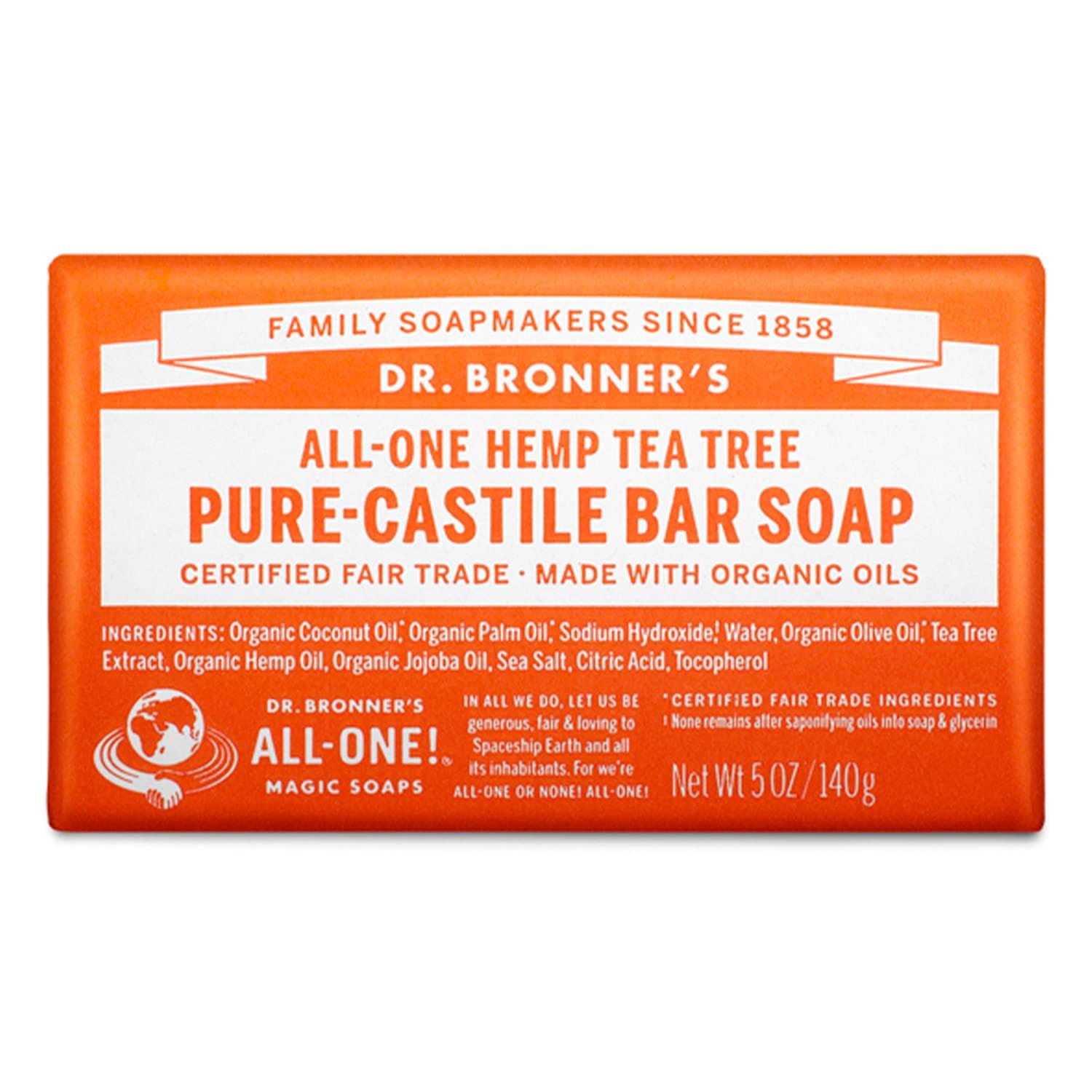 Dr. Bronner's Dr. Bronner’s - Pure-Castile Bar Soap (Tea Tree, 5 ounce) - Made with Organic Oils, For Face, Body, Hair and Dandruff, Gentle on Acne-Prone Skin, Biodegradable, Vegan, Non-GMO