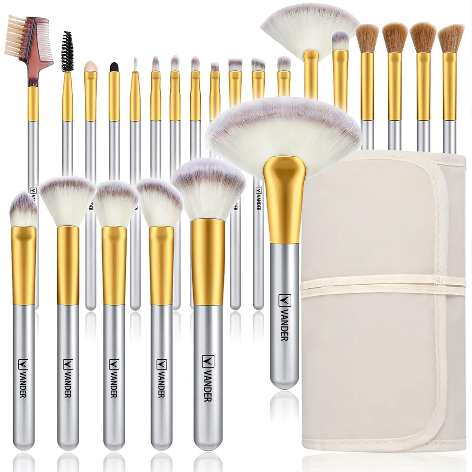 Vander VANDER Makeup Brushes 24Pcs Makeup Brush Set - Professional Make Up Brushes with Soft Synthetic Bristles & Wooden Handle, Includes Makeup Bag for Travel,Champagne