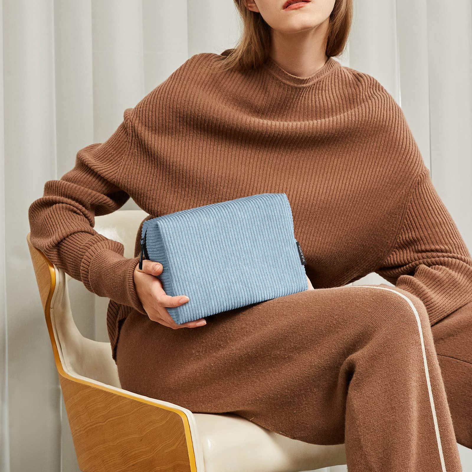 MAANGE MAANGE Cosmetic Bags for Women Small Makeup Bag for Purse Corduroy Makeup Pouch Travel Makeup Bag with Metal Zipper Make Up Bag for Travelling(BLUE)