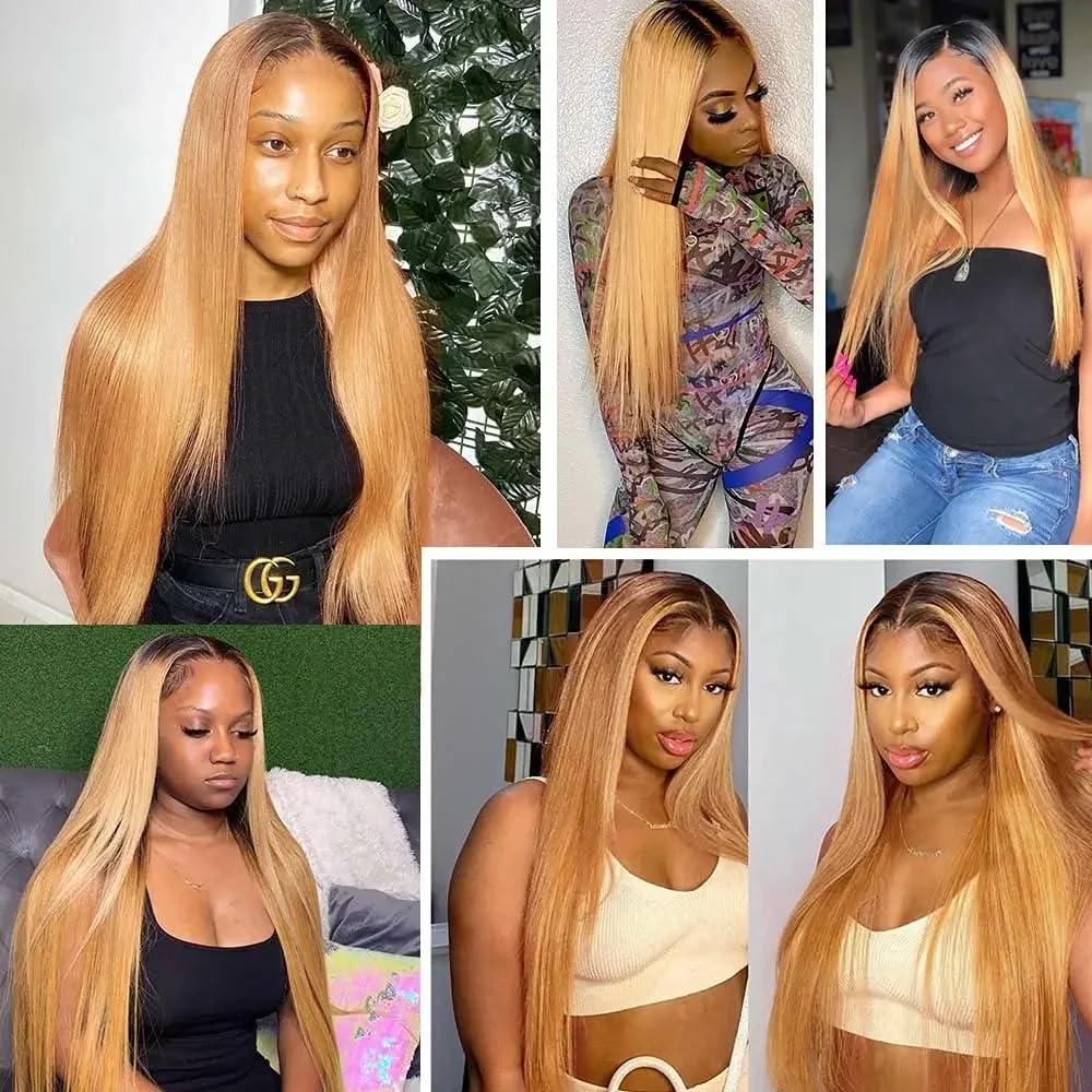 AuokMar 1B/27 Human Hair Bundles Blonde Straight Hunman Hair Bundles 1B27 Color Brazilian Honey Blonde Human hair bundles Ombre Two Tone 3 Bundles Unprocessed Virgin Hair Extensions 16 18 20 Inch