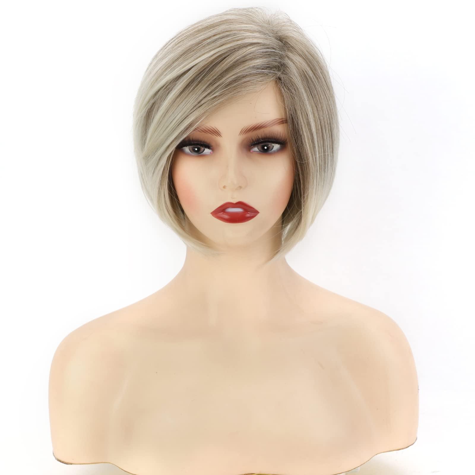 TISHINING TISHINING Layered Short Blonde Bob Wigs for White Women Chin Length Ash Blonde Side Part Pixie Bob Wig Straight Hair Synthetic Natural Looking Daily Party Wig Inverted Bob Wig